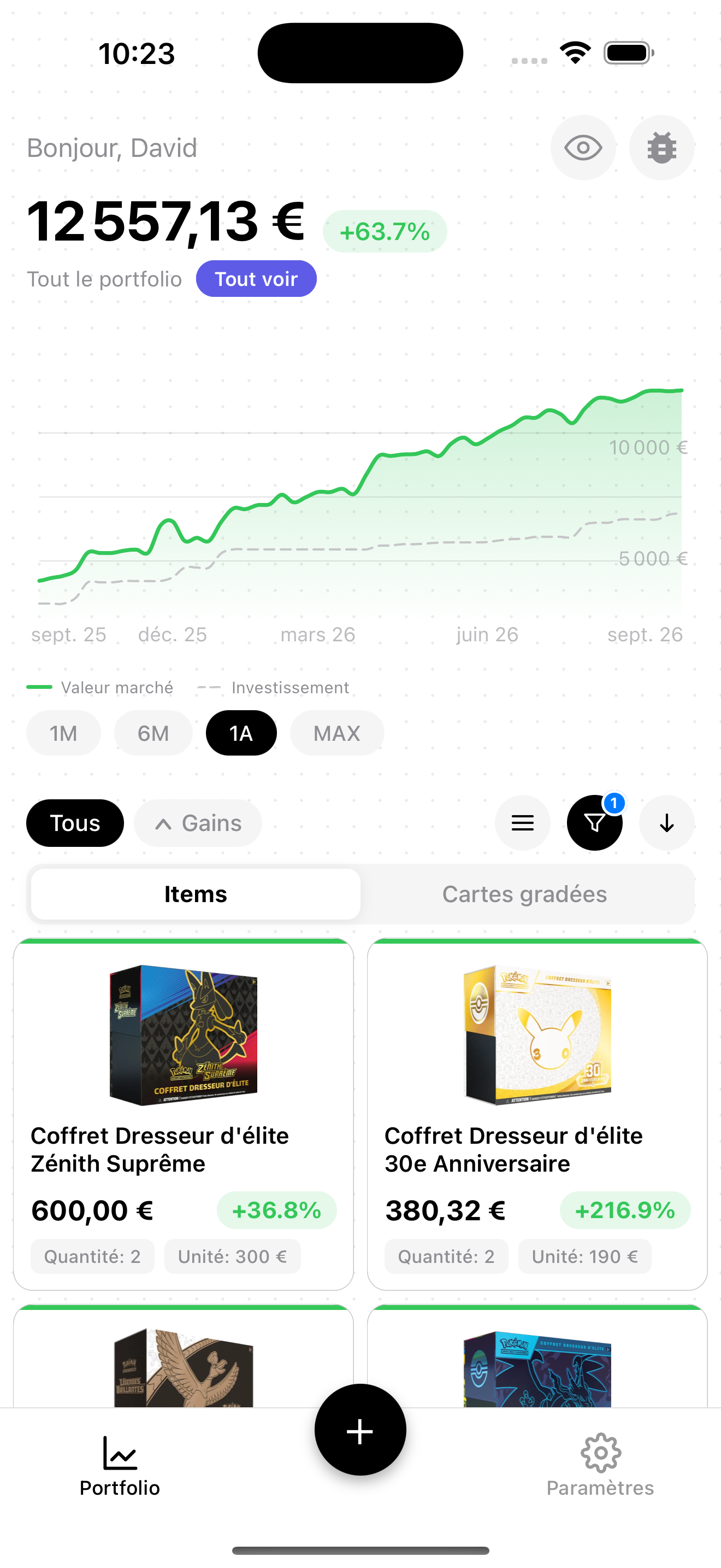 Portfolio BoostaCote avec la valeur totale de la collection, sa courbe sur un mois et ses coffrets Dresseur d'élite