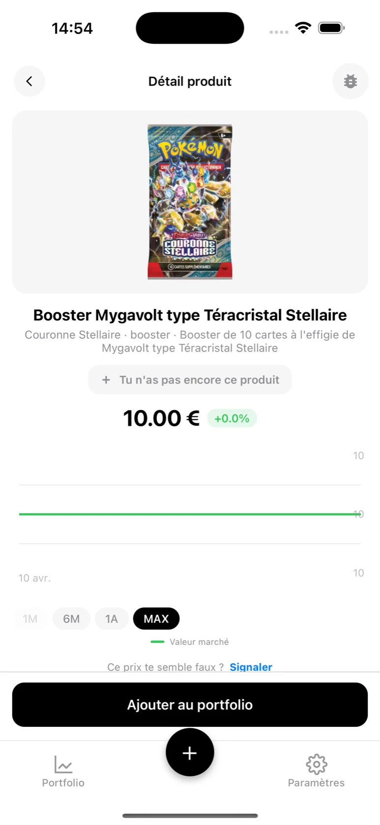 Fiche du Booster Mygavolt type Téracristal Stellaire dans BoostaCote avec sa courbe sur tout l'historique