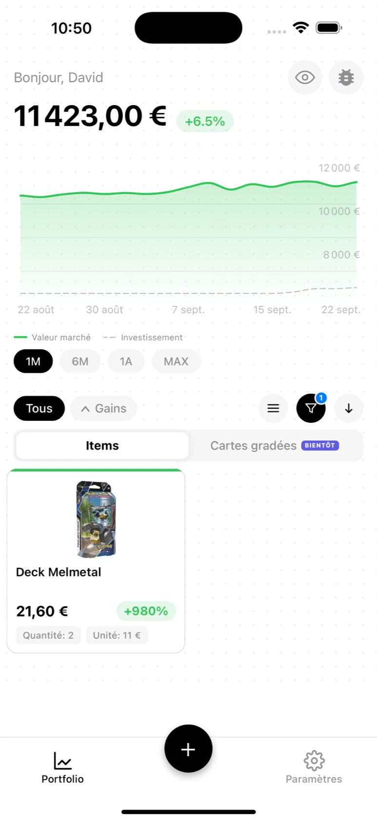 Portfolio BoostaCote filtré sur les decks avec leur valeur et leur plus-value