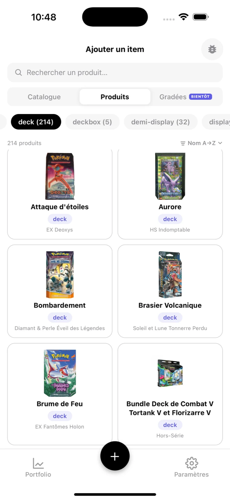 Filtre 'deck' dans le catalogue BoostaCote avec la liste des decks