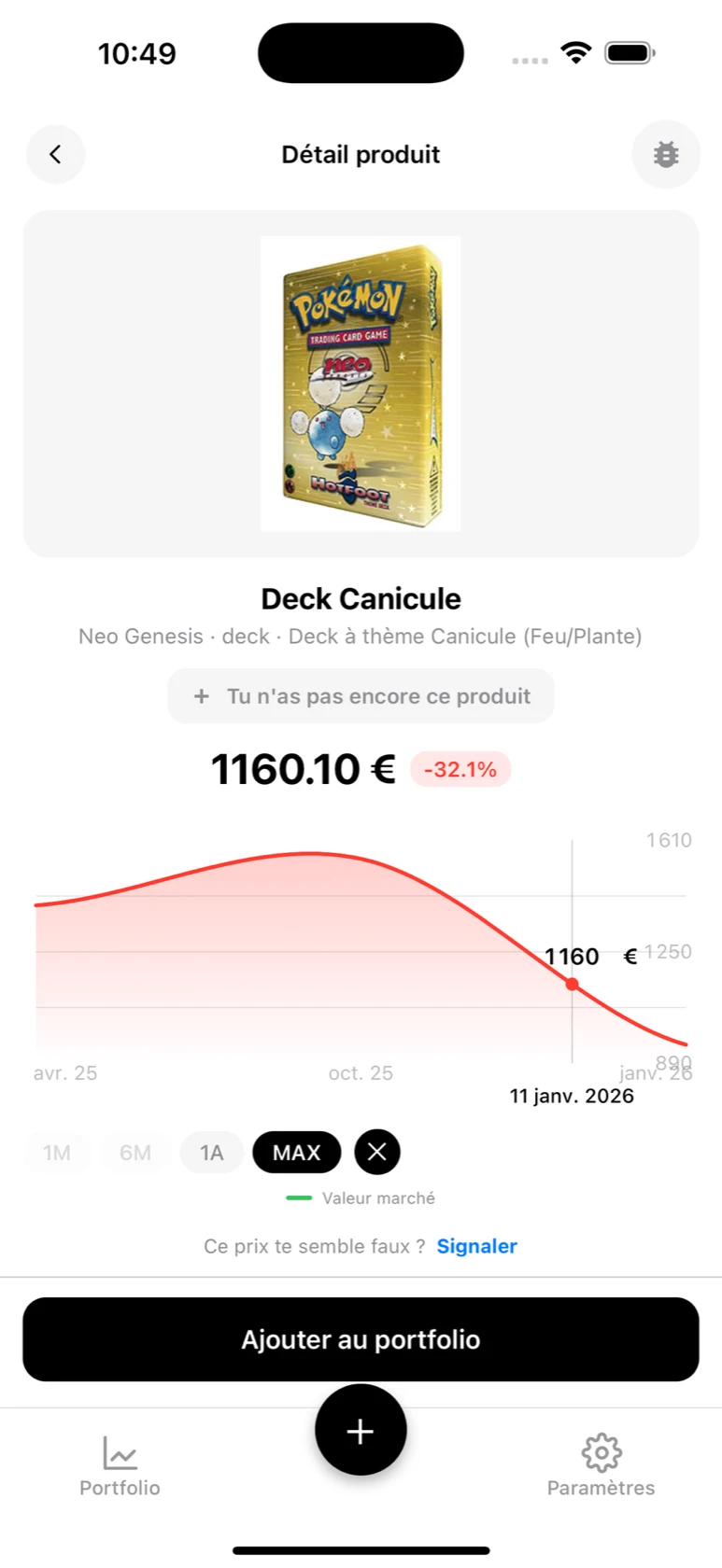 Fiche produit BoostaCote d'un deck à thème avec le prix et la courbe d'évolution