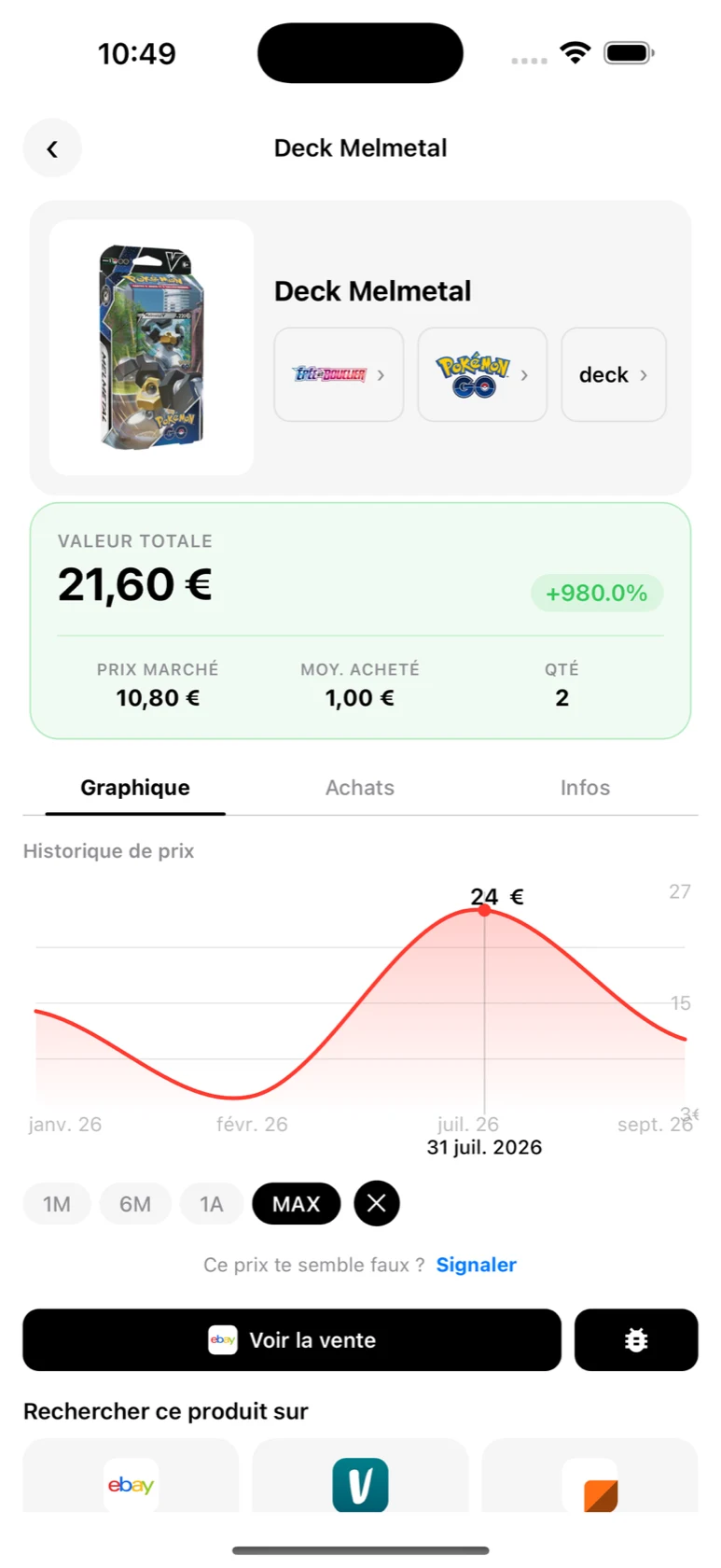 Bouton 'Voir la vente' et recherche multi-marketplaces sur la fiche d'un deck BoostaCote
