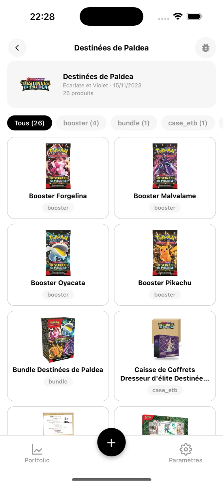 Page de la série Destinées de Paldea dans BoostaCote avec ses produits filtrables par type