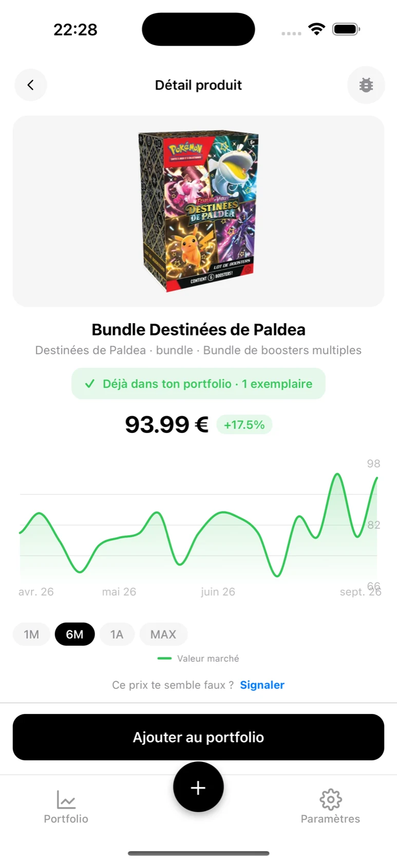 Fiche du Bundle Destinées de Paldea dans BoostaCote avec son prix et sa courbe sur 6 mois