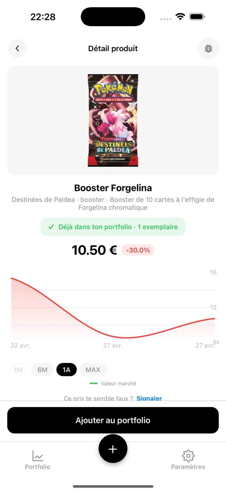Fiche du Booster Forgelina dans BoostaCote avec son prix et sa courbe sur 1 an