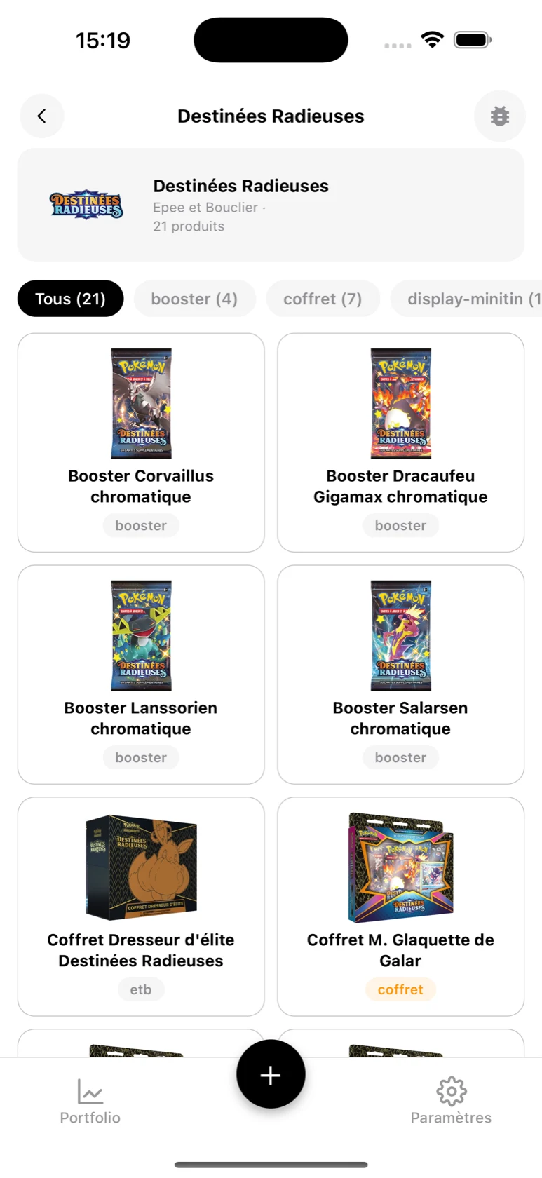 Page de la série Destinées Radieuses dans le catalogue BoostaCote avec ses produits filtrables par type