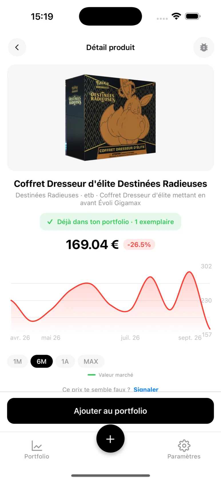 Fiche du Coffret Dresseur d'élite Destinées Radieuses dans BoostaCote avec son prix et sa courbe sur 6 mois