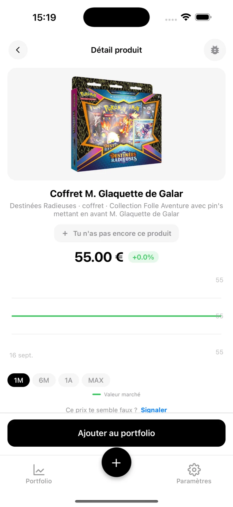 Fiche du Coffret M. Glaquette de Galar dans BoostaCote avec son prix et sa courbe sur 1 mois
