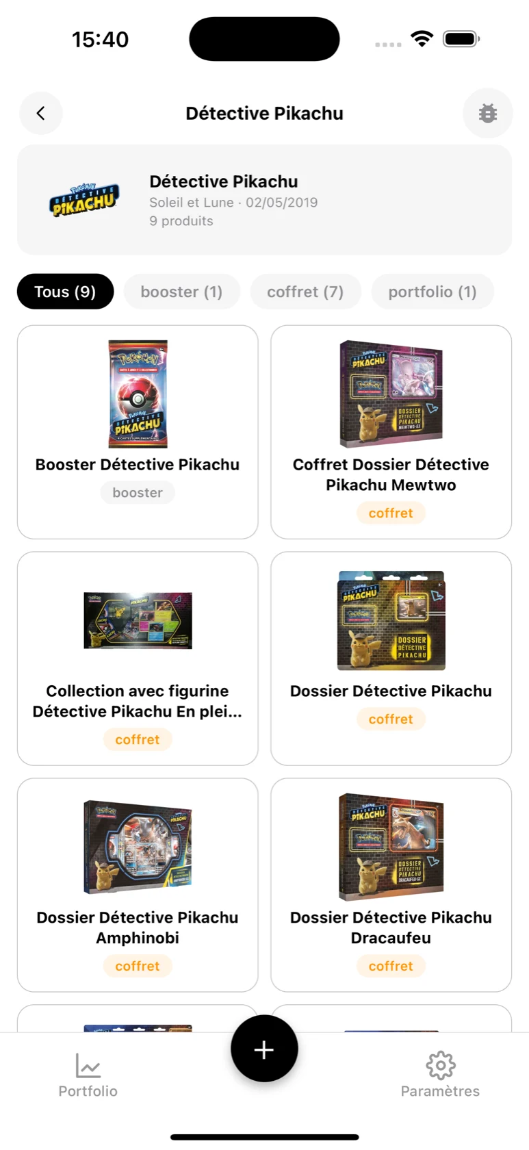 Page de la série Détective Pikachu dans BoostaCote avec ses produits filtrables par type