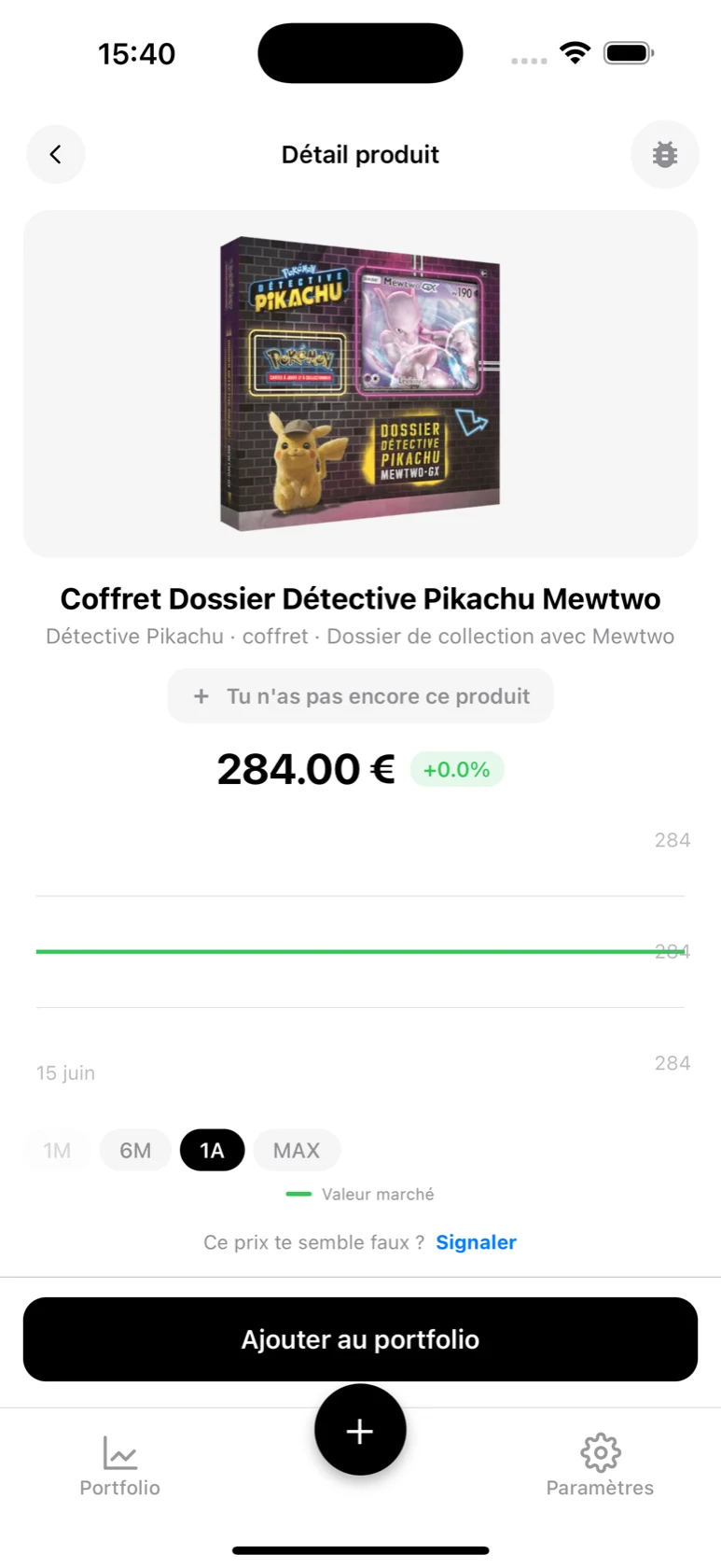 Fiche du Coffret Dossier Détective Pikachu Mewtwo dans BoostaCote avec sa courbe sur 1 an