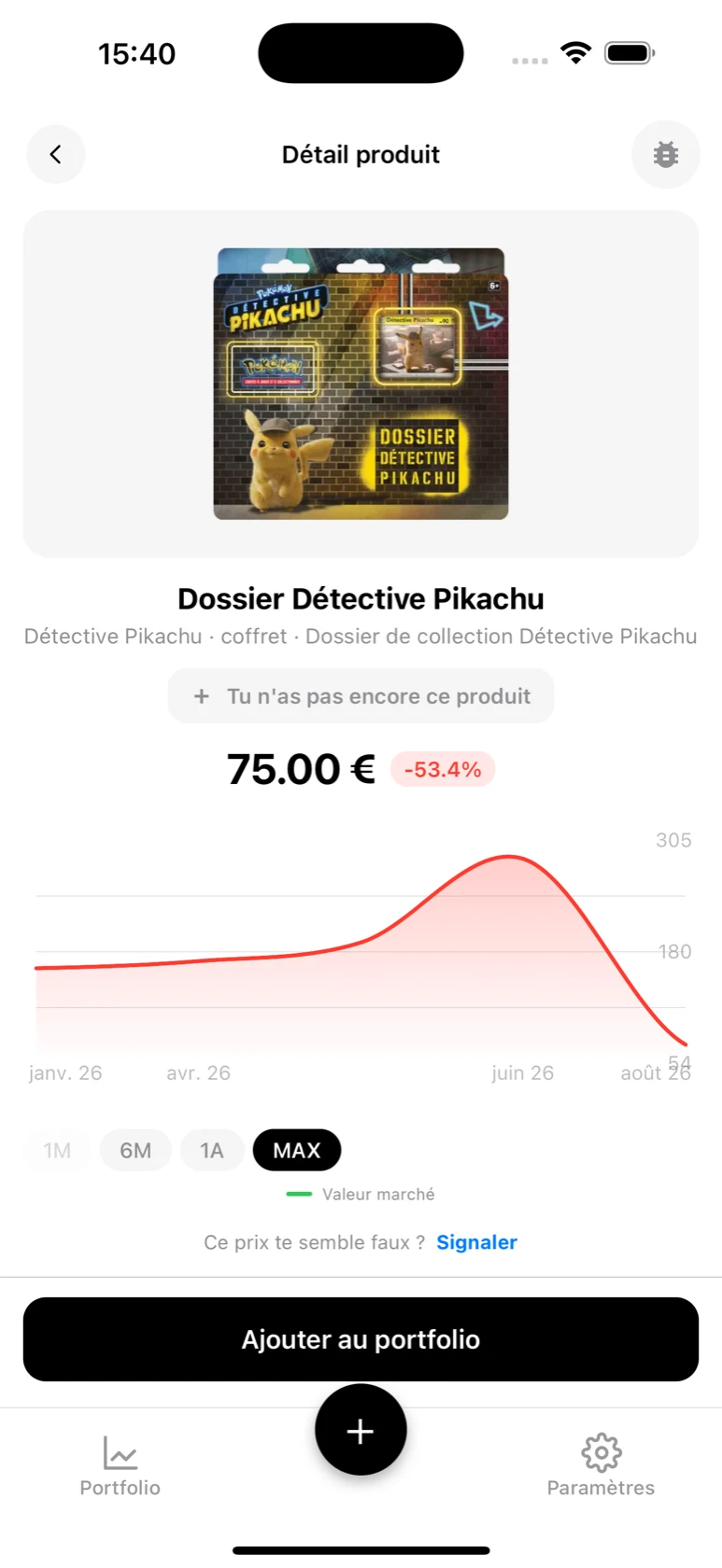 Fiche du Dossier Détective Pikachu dans BoostaCote avec son historique complet en baisse