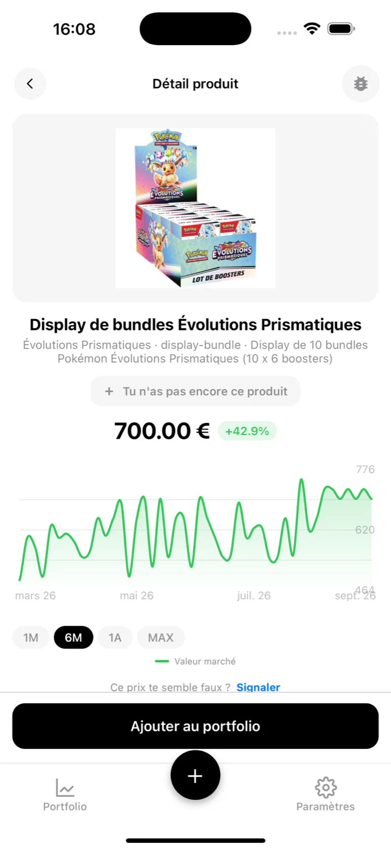 Fiche produit de la display de bundles Évolutions Prismatiques avec la courbe d'évolution