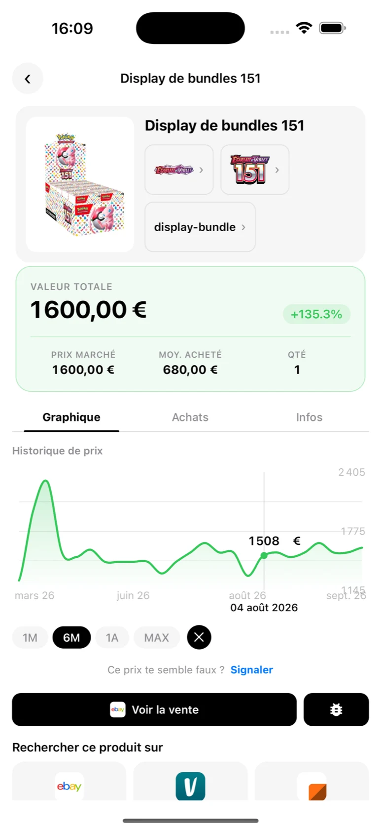 Fiche de la display de bundles 151 avec le bouton 'Voir la vente' vers eBay