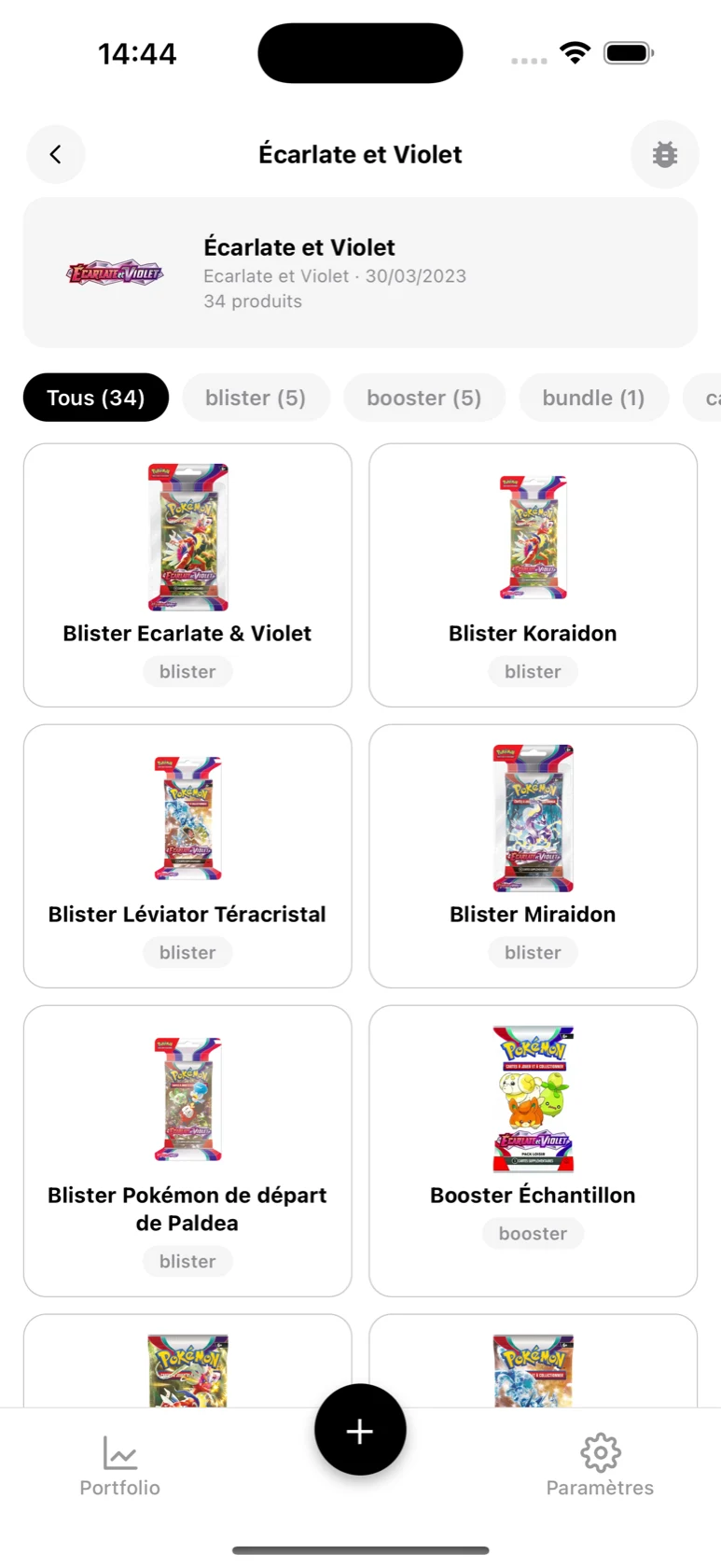 Page de la série Écarlate et Violet dans BoostaCote avec ses produits filtrables par type