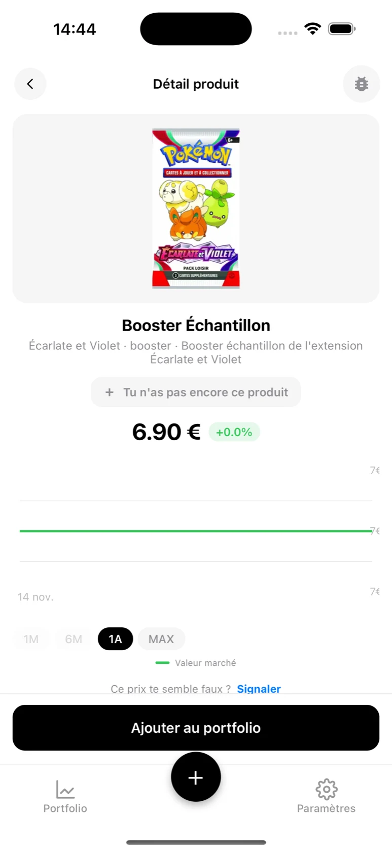 Fiche du Booster Échantillon Écarlate et Violet dans BoostaCote avec son prix et sa courbe sur 1 an, orientée à la hausse