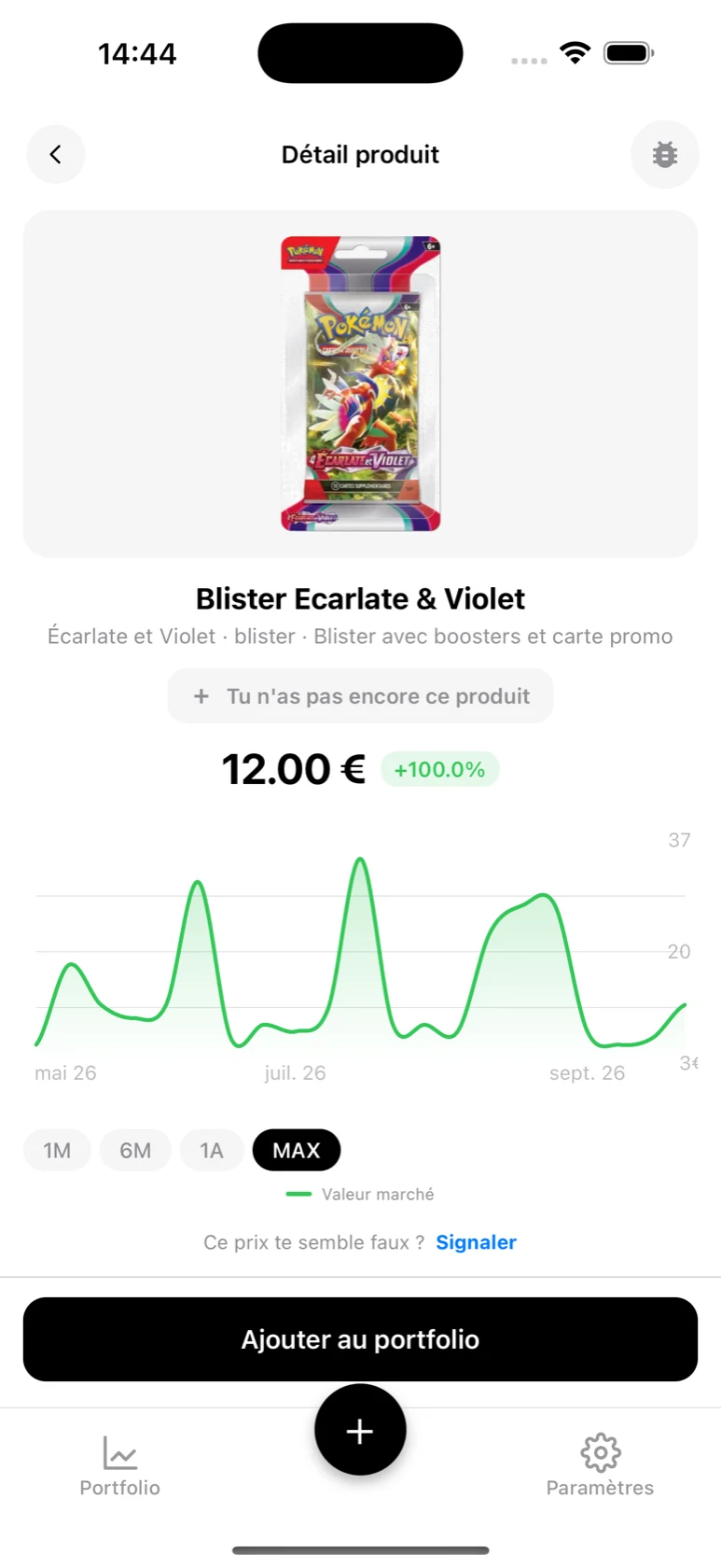 Fiche du Blister Ecarlate & Violet dans BoostaCote avec sa courbe sur tout l'historique, orientée à la hausse