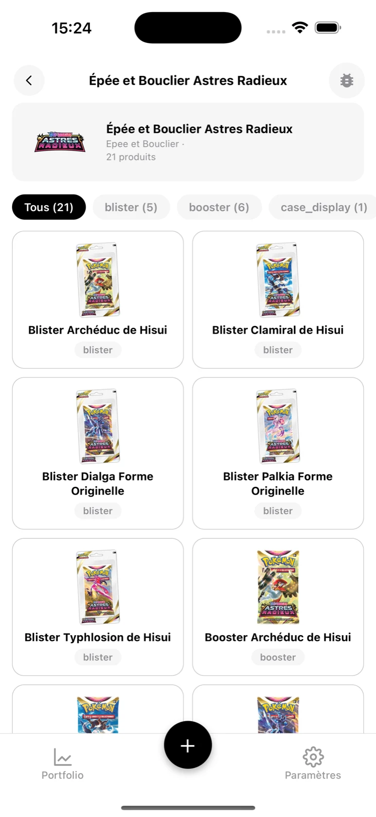 Page de la série Astres Radieux dans le catalogue BoostaCote avec ses produits filtrables par type