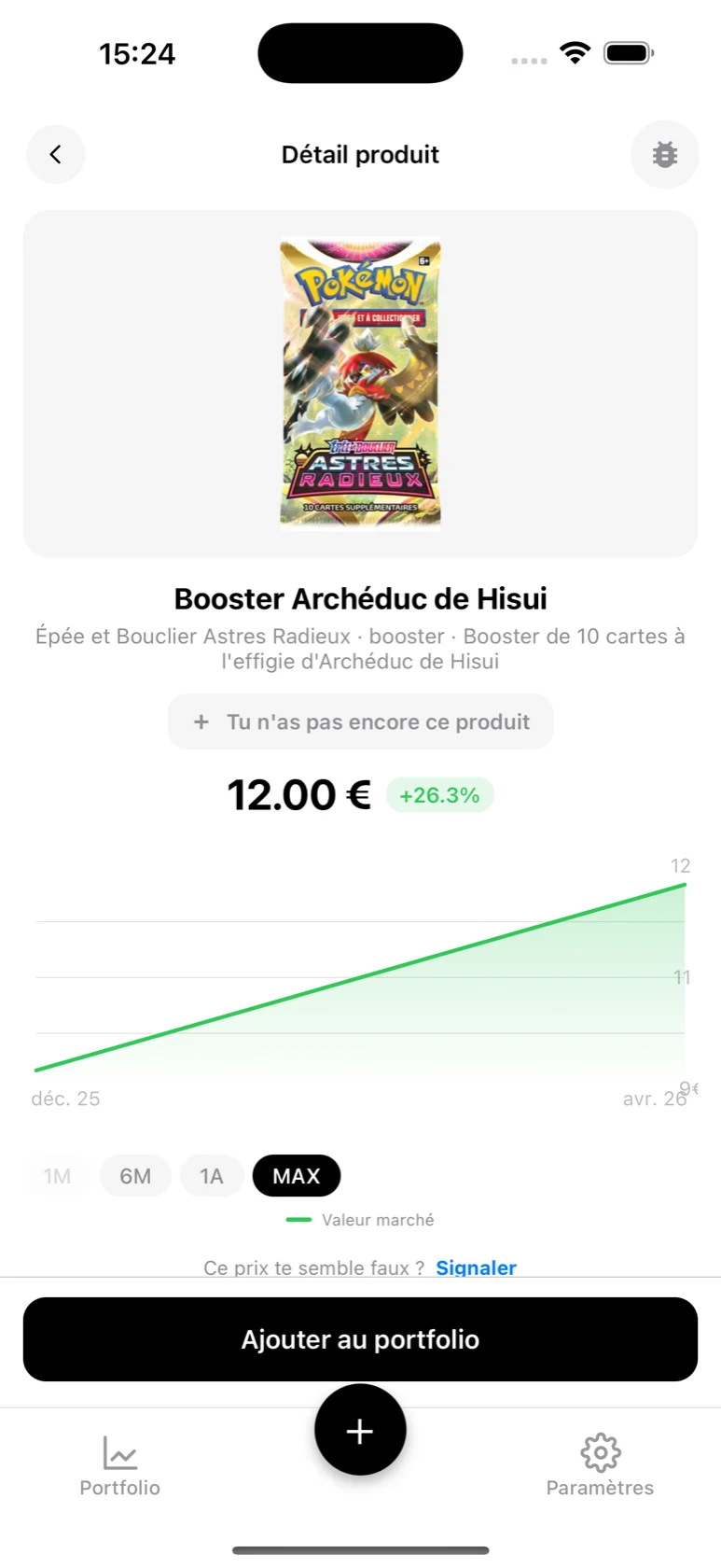Fiche du Booster Archéduc de Hisui dans BoostaCote avec son prix et sa courbe sur tout l'historique, en hausse