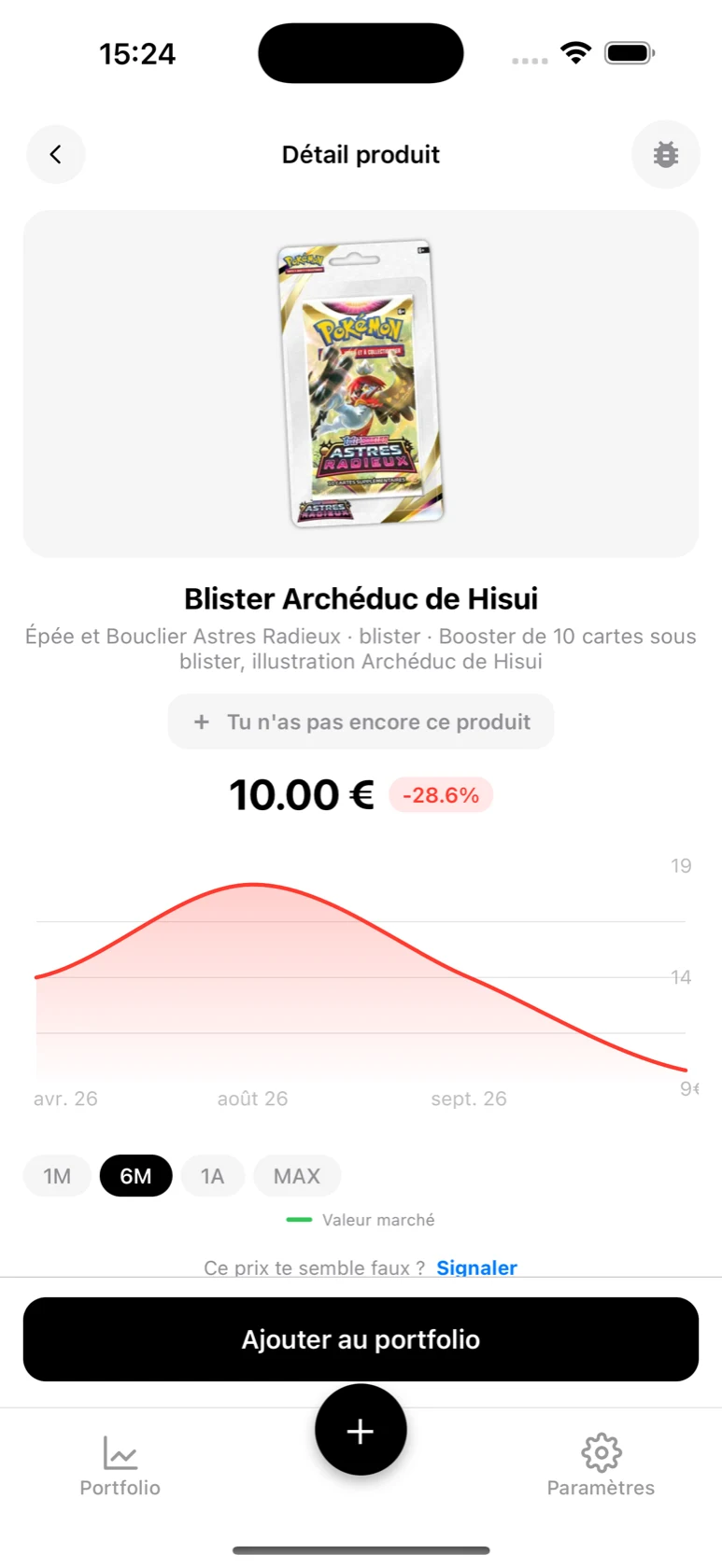 Fiche du Blister Archéduc de Hisui dans BoostaCote avec son prix et sa courbe sur 6 mois, en baisse