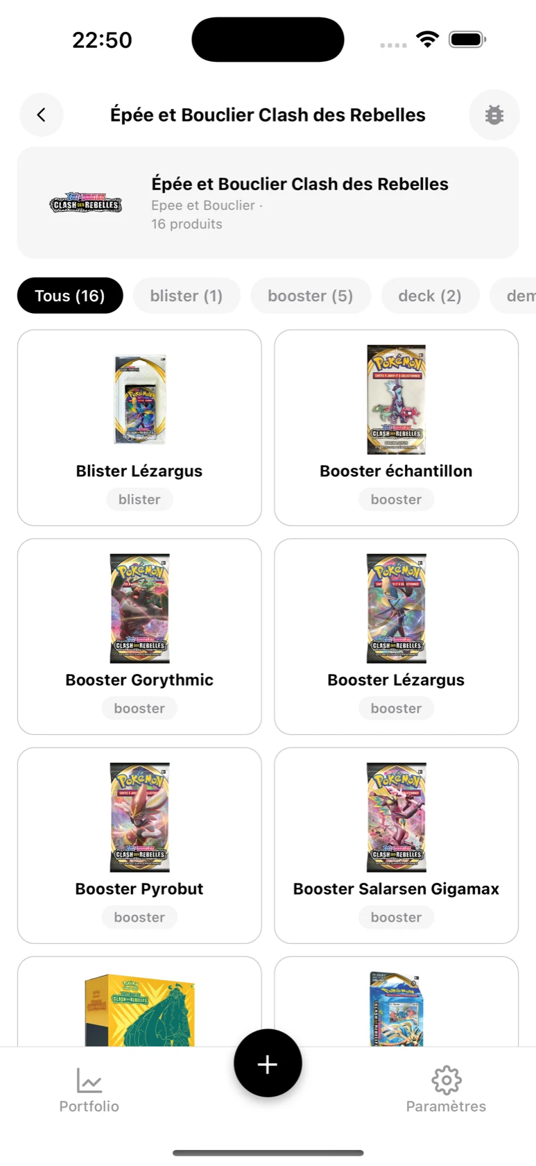 Page de la série Épée et Bouclier Clash des Rebelles dans le catalogue BoostaCote avec ses produits filtrables par type
