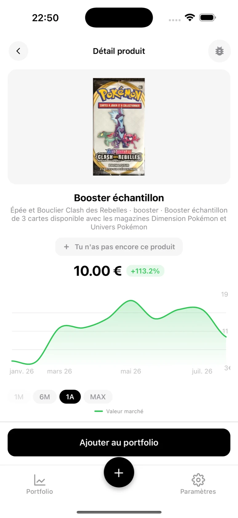 Fiche du Booster échantillon Clash des Rebelles dans BoostaCote avec son prix et sa courbe sur 1 an, orientée à la baisse