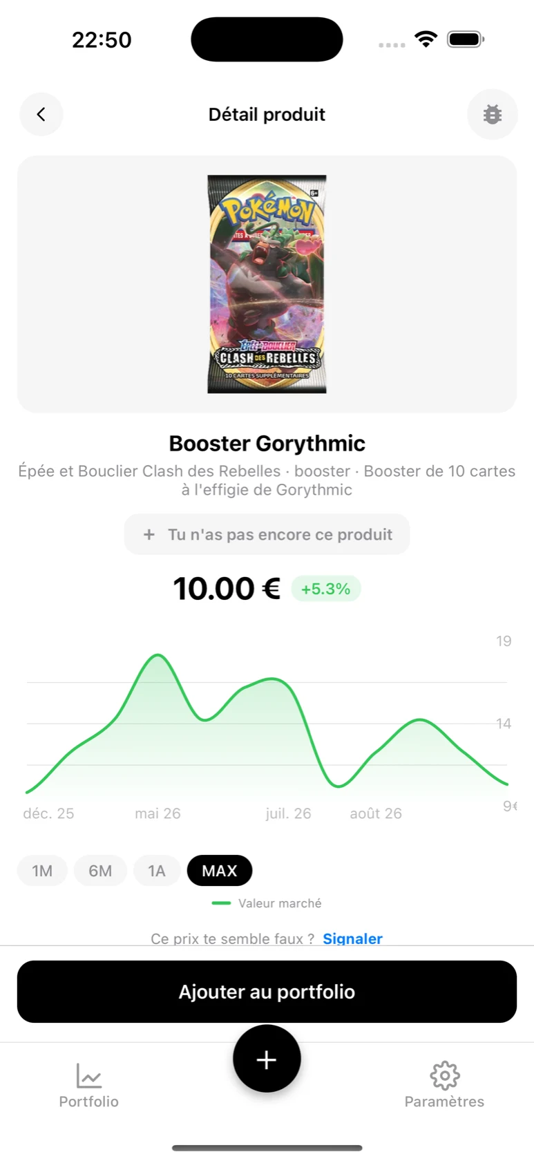 Fiche du Booster Gorythmic Clash des Rebelles dans BoostaCote avec sa courbe sur tout l'historique, orientée à la baisse