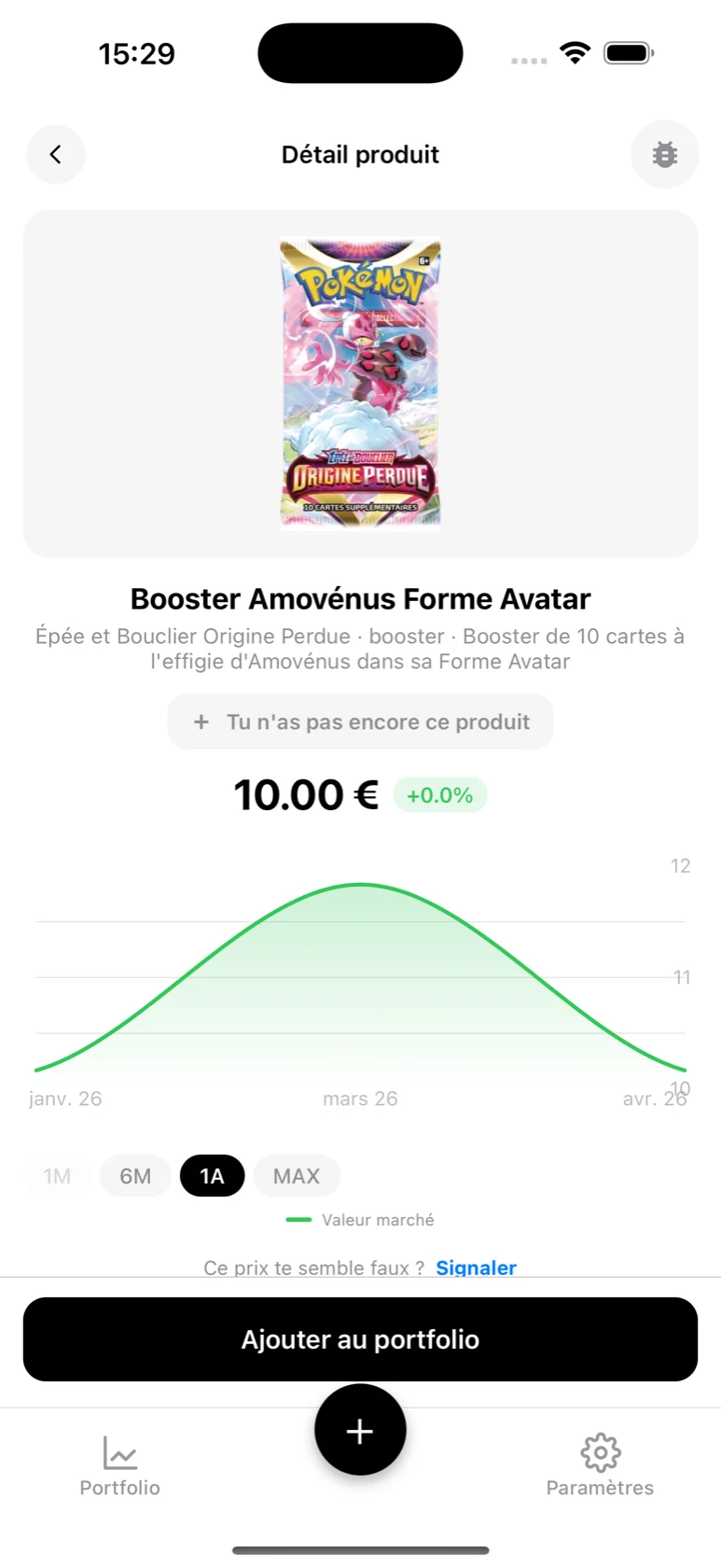 Fiche du Booster Amovénus Forme Avatar dans BoostaCote avec sa courbe sur 1 an orientée à la hausse