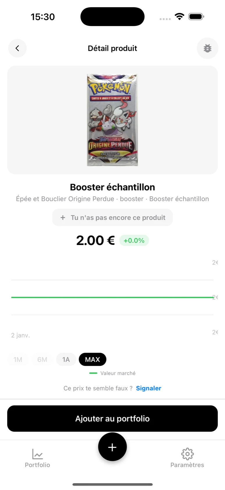 Fiche du Booster échantillon Origine Perdue dans BoostaCote avec sa courbe MAX orientée à la hausse
