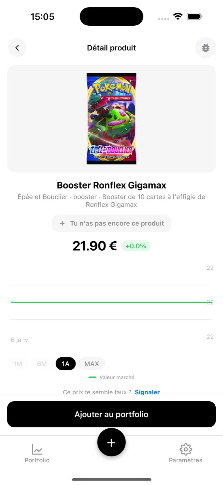 Fiche du Booster Ronflex Gigamax Épée et Bouclier dans BoostaCote avec son prix et sa courbe sur 1 an, orientée à la hausse