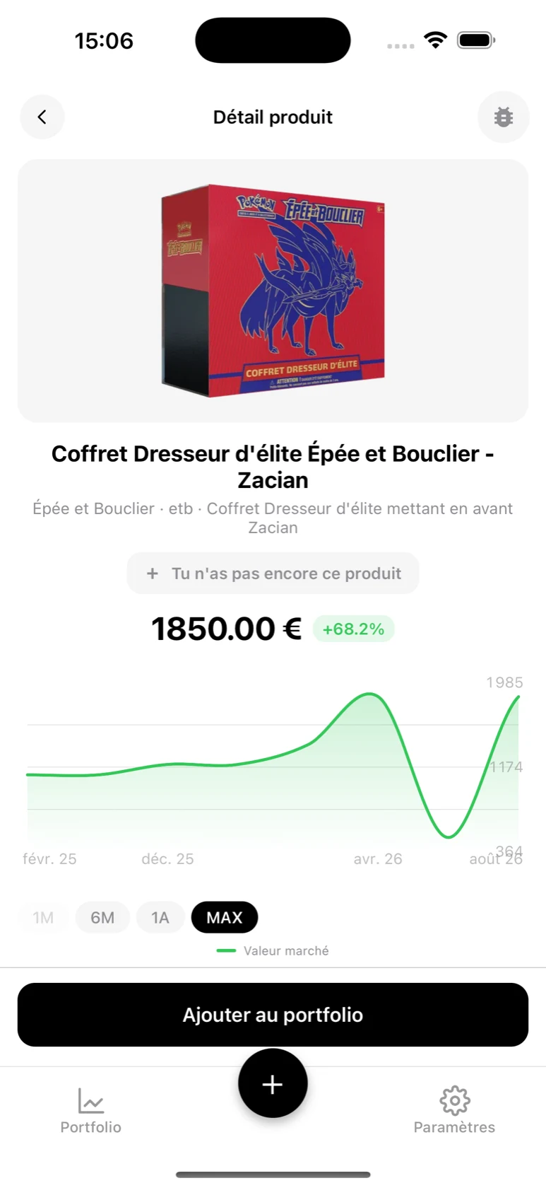 Fiche du Coffret Dresseur d'élite Épée et Bouclier Zacian dans BoostaCote avec sa courbe sur tout l'historique, orientée à la hausse