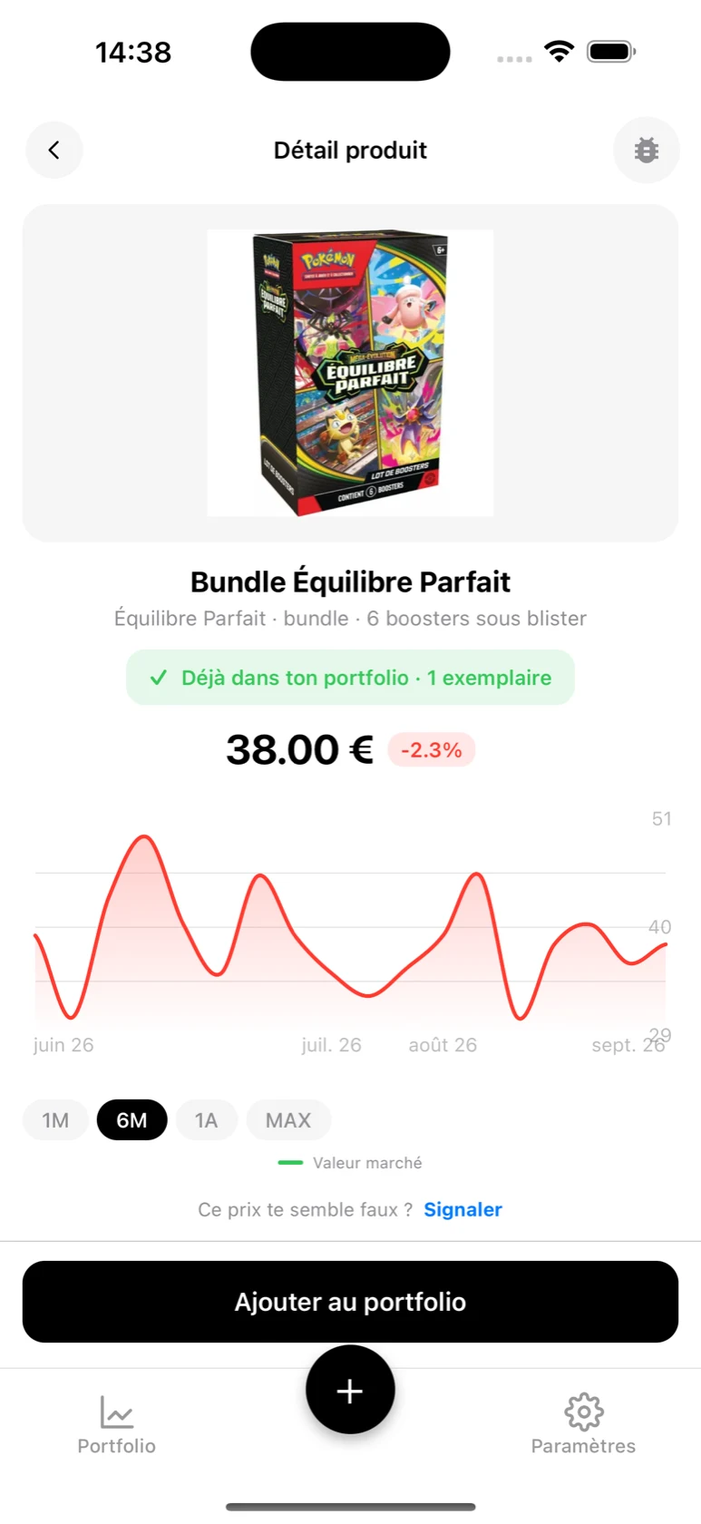 Fiche du Bundle Équilibre Parfait dans BoostaCote avec son prix et sa courbe sur 6 mois, orientée à la baisse