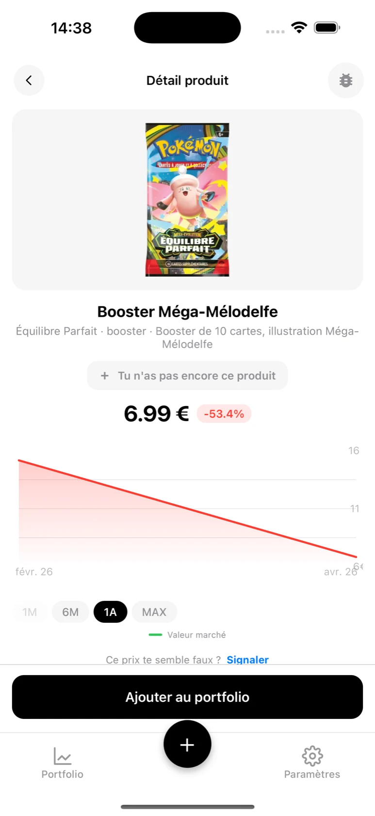 Fiche du Booster Méga-Mélodelfe dans BoostaCote avec sa courbe sur 1 an, orientée à la hausse