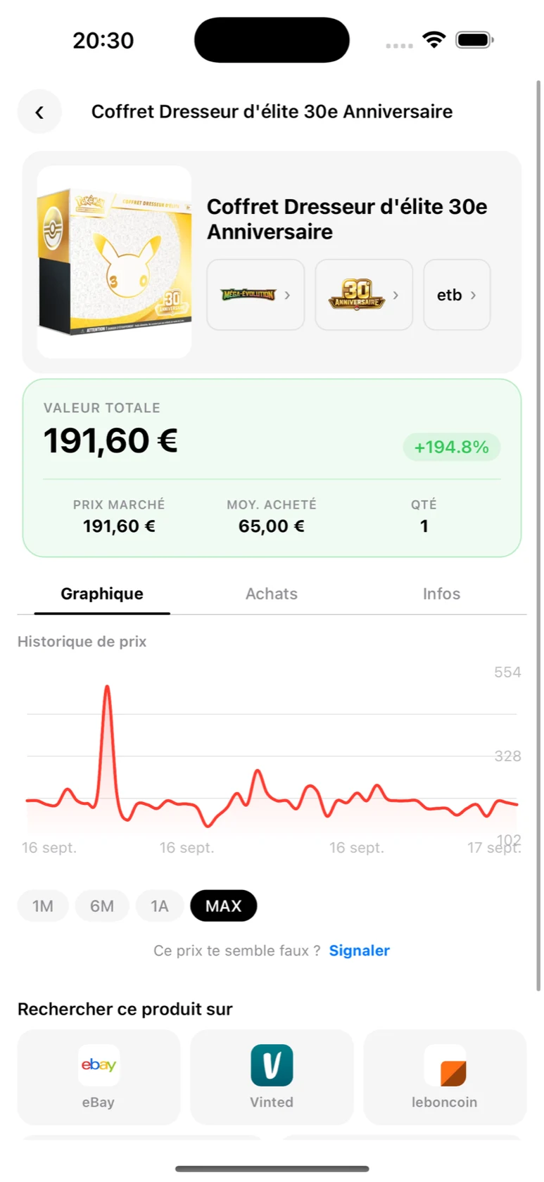 Fiche portfolio du Coffret Dresseur d'élite 30e Anniversaire dans BoostaCote, avec sa valeur totale et sa plus-value