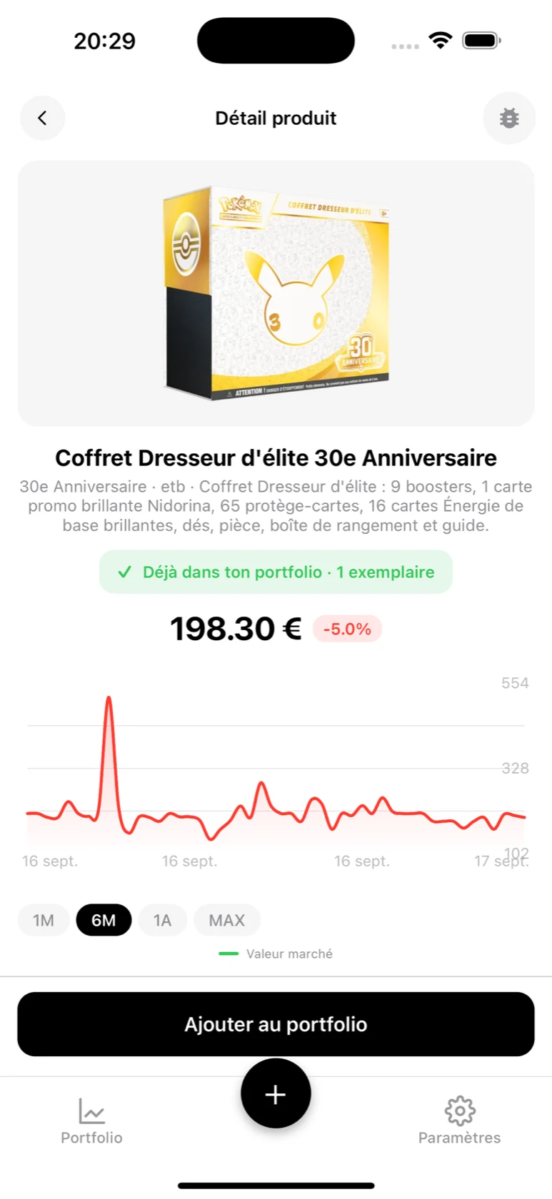 Fiche du Coffret Dresseur d'élite 30e Anniversaire dans BoostaCote avec son prix médian et sa courbe