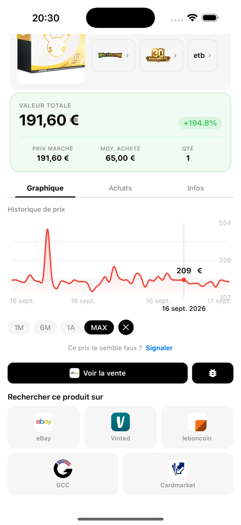 Courbe de l'ETB 30e Anniversaire dans BoostaCote avec le détail d'une vente et le bouton Voir la vente