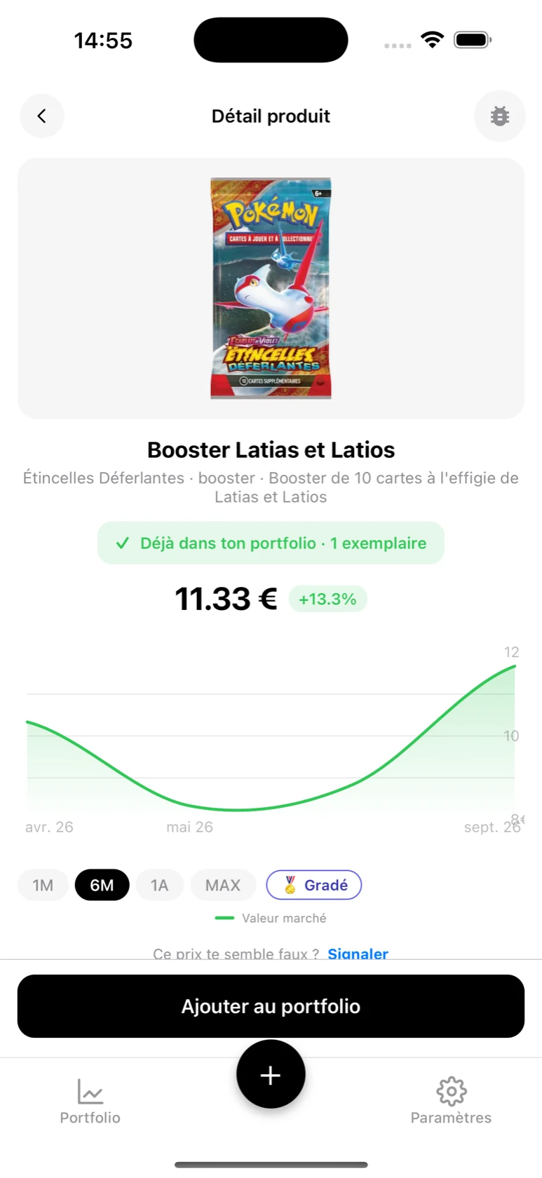 Fiche du Booster Latias et Latios dans BoostaCote avec son prix et sa courbe sur 6 mois