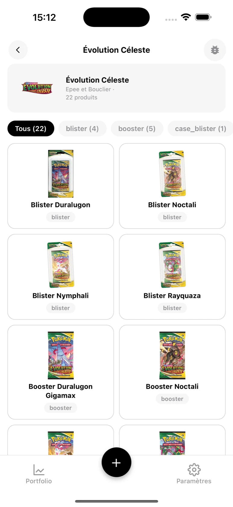 Page de la série Évolution Céleste dans BoostaCote avec ses produits filtrables par type