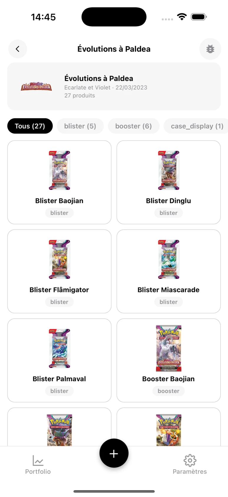 Page de la série Évolutions à Paldea dans BoostaCote avec ses 27 produits filtrables par type