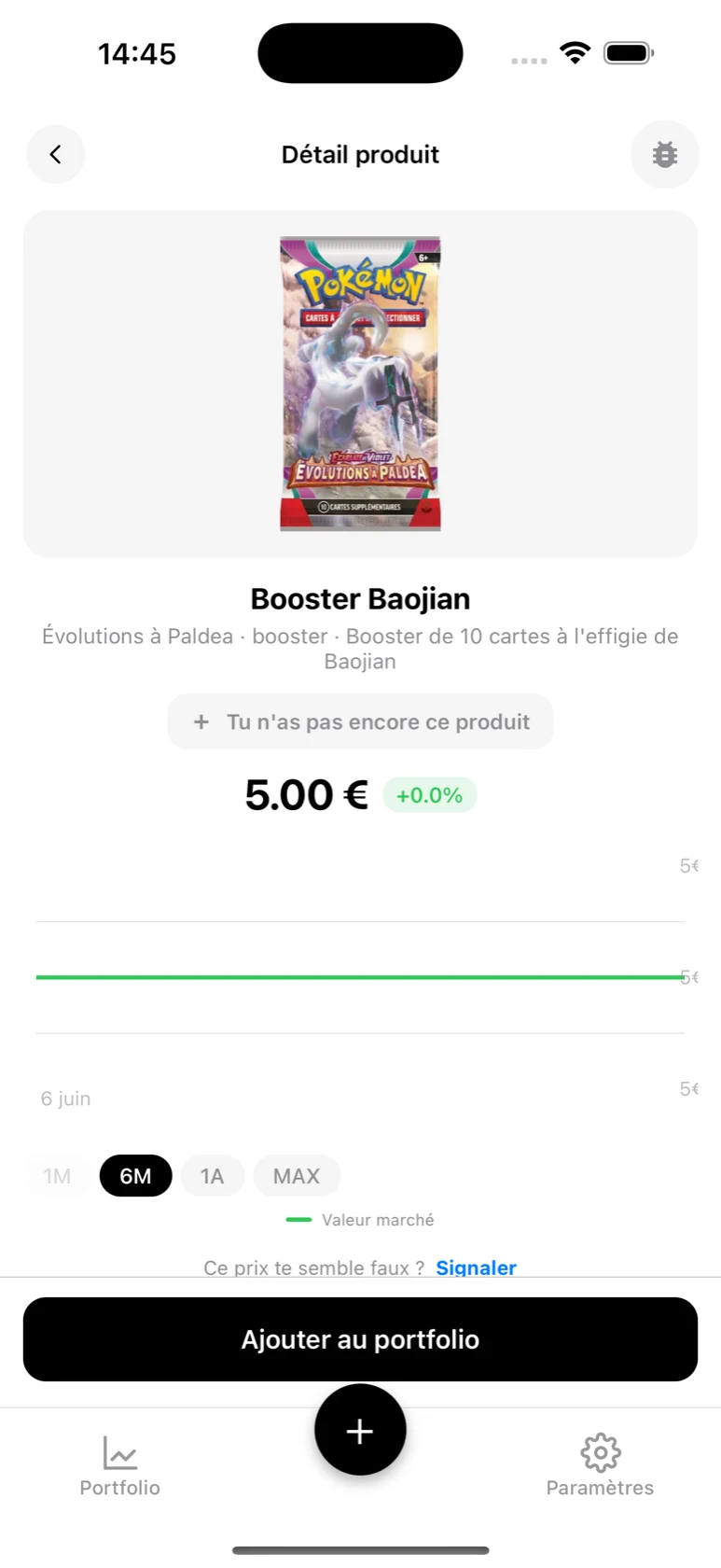 Fiche du Booster Baojian Évolutions à Paldea dans BoostaCote avec le prix médian sur la période 6 mois