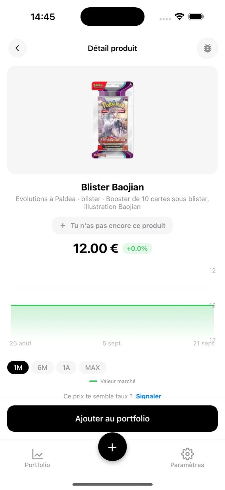 Fiche du Blister Baojian Évolutions à Paldea dans BoostaCote sur la période 1 mois