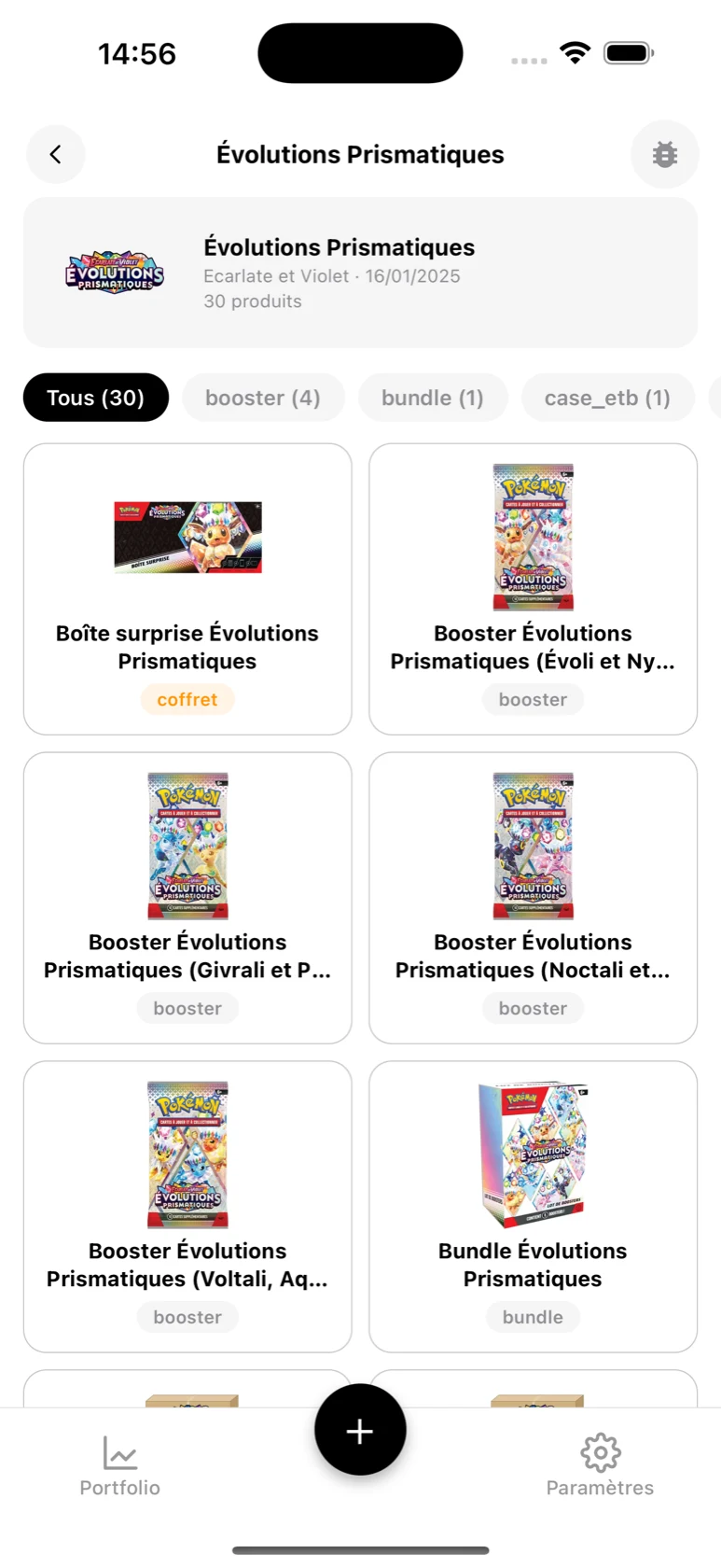 Page de la série Évolutions Prismatiques dans BoostaCote avec ses produits filtrables par type