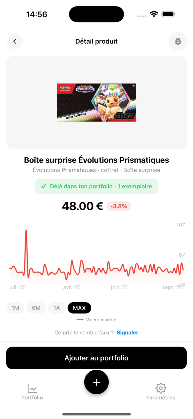 Fiche de la Boîte surprise Évolutions Prismatiques dans BoostaCote avec sa courbe sur tout l'historique, en hausse
