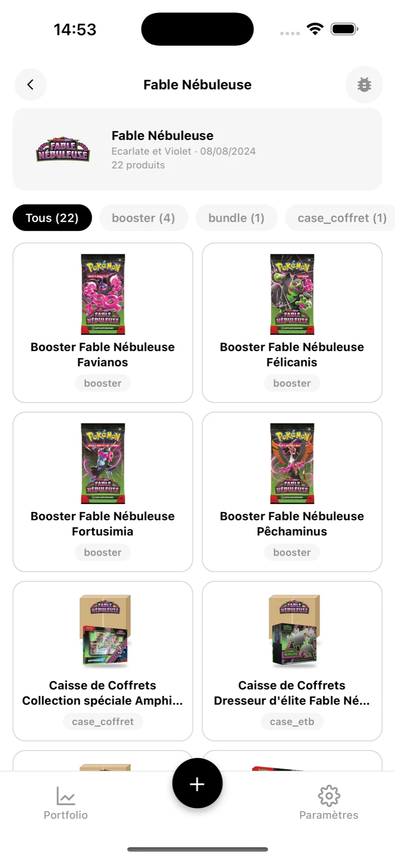 Page de la série Fable Nébuleuse dans BoostaCote avec ses produits filtrables par type