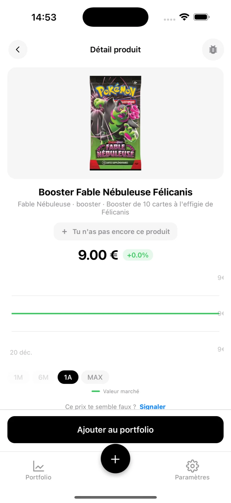 Fiche du Booster Fable Nébuleuse Félicanis dans BoostaCote avec son prix et sa courbe sur 1 an