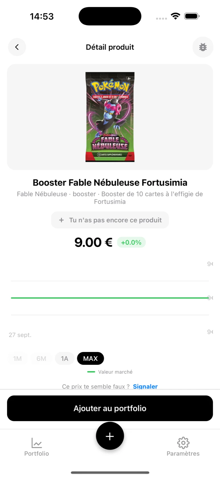 Fiche du Booster Fable Nébuleuse Fortusimia dans BoostaCote avec sa courbe sur tout l'historique (MAX)