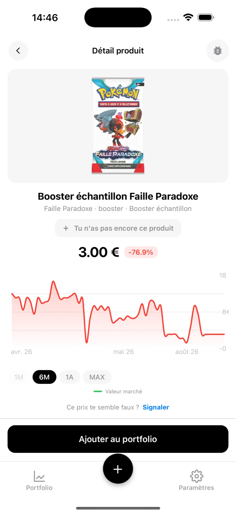 Fiche du Booster échantillon Faille Paradoxe dans BoostaCote avec son prix et sa courbe sur 6 mois