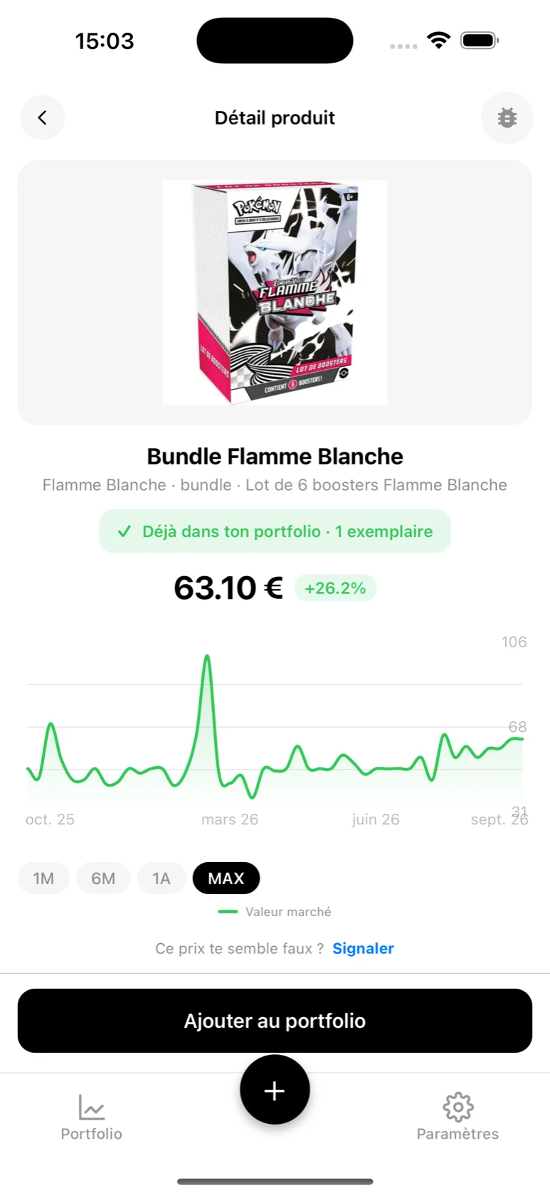Fiche du Bundle Flamme Blanche dans BoostaCote avec son prix et sa courbe en hausse sur toute la période