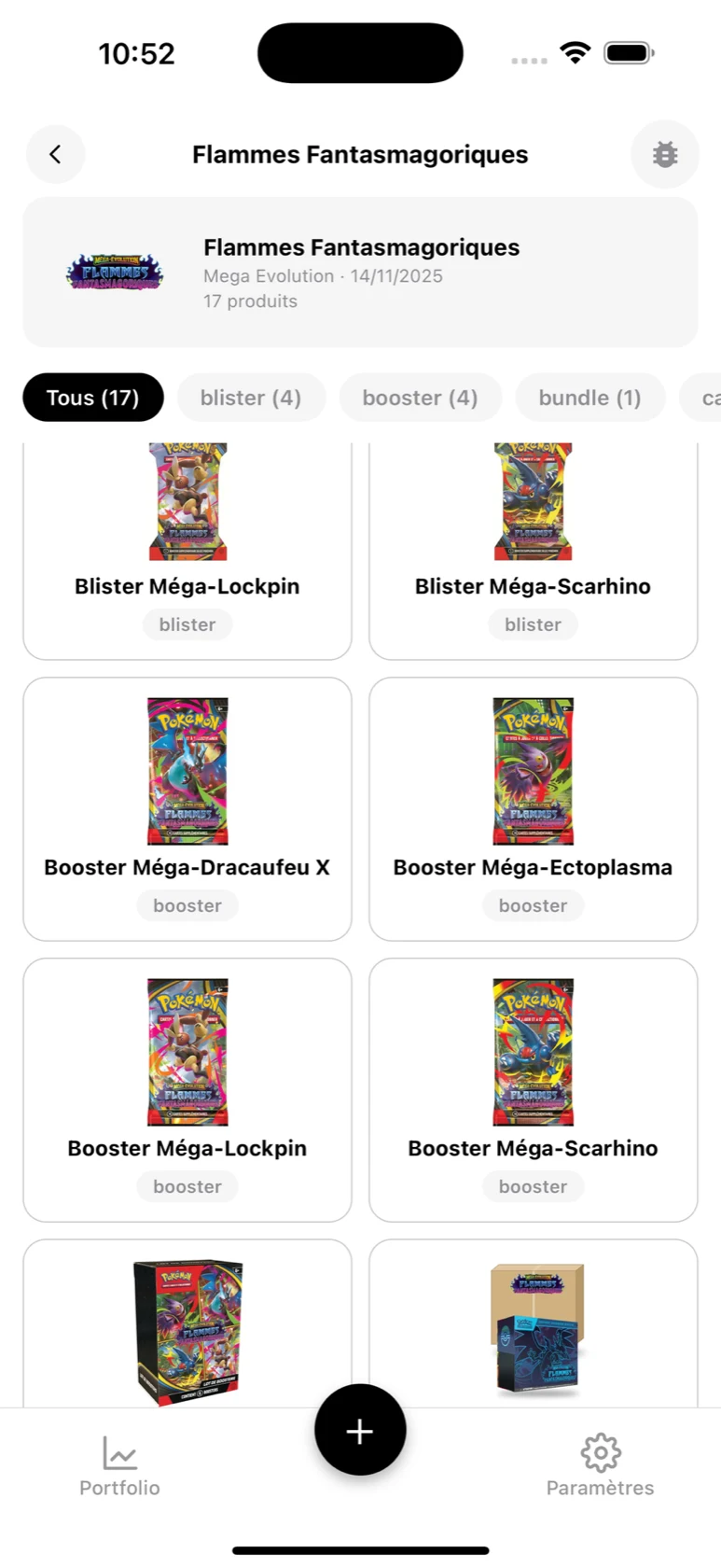 Page de la série Flammes Fantasmagoriques dans BoostaCote avec ses produits filtrables par type