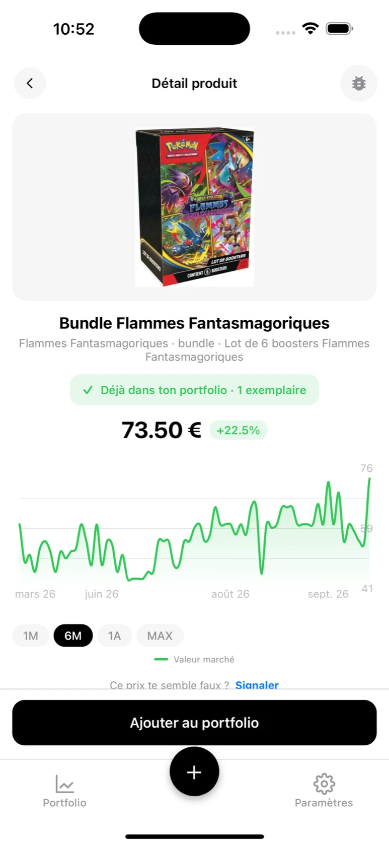 Fiche du Bundle Flammes Fantasmagoriques dans BoostaCote avec son prix et sa courbe sur 6 mois