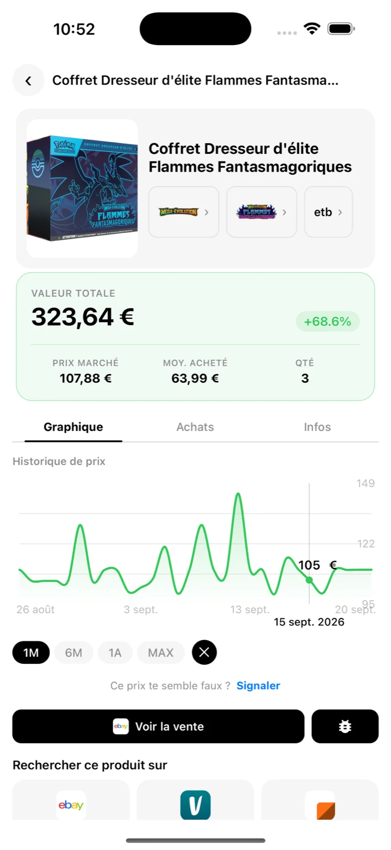 Fiche du Coffret Dresseur d'élite Flammes Fantasmagoriques dans BoostaCote avec une vente sélectionnée sur la courbe